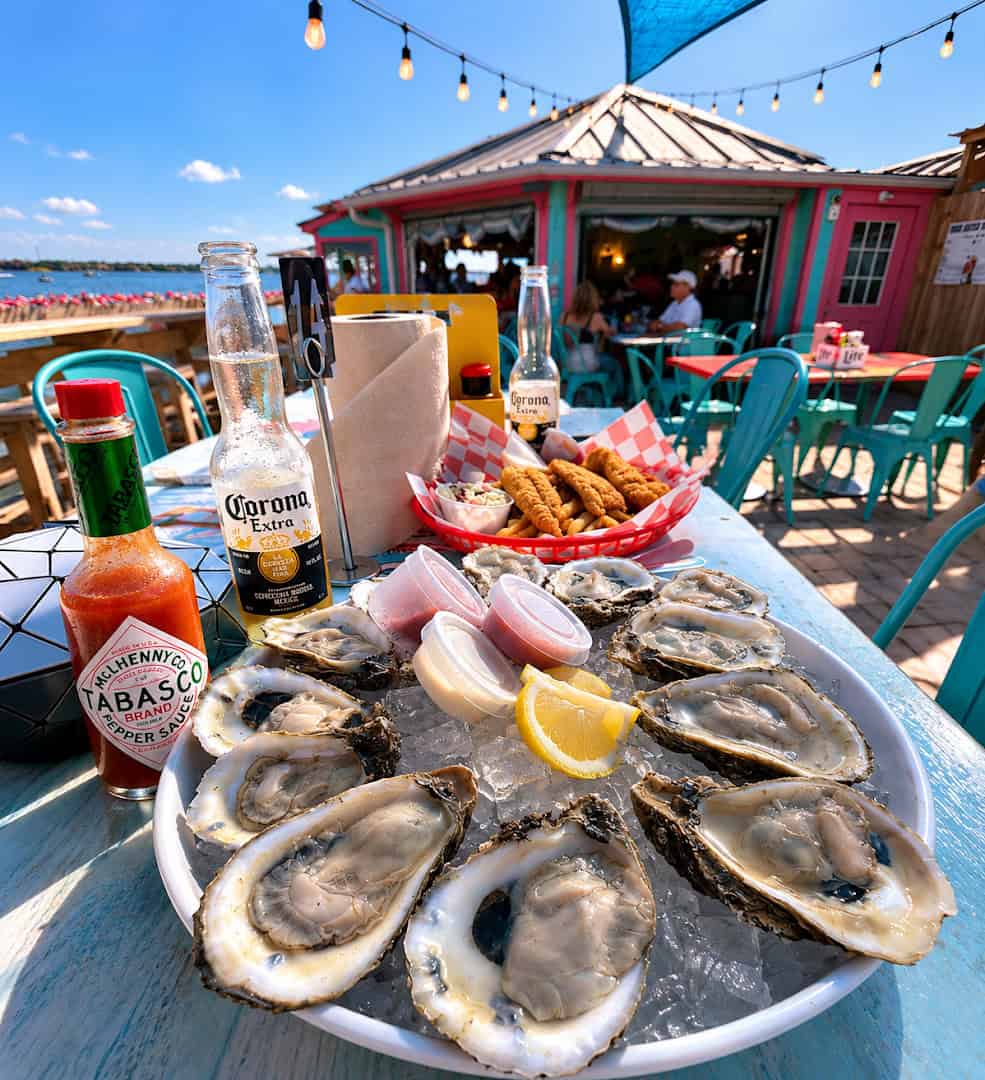 Fresh oysters on the half shell on the waterfront deck at Barge 295 in Seabrook, Texas