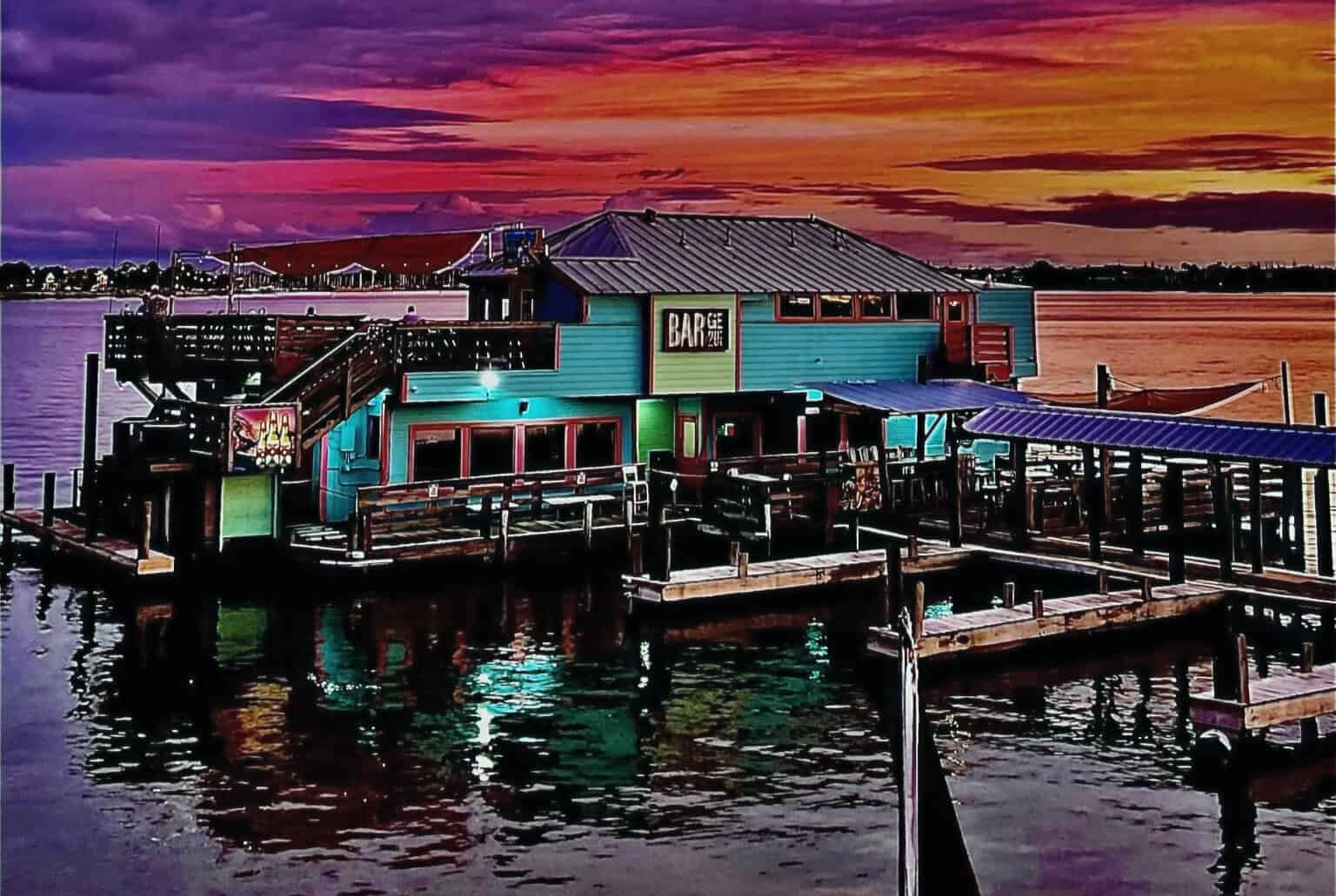 Barge 295 floating bar at sunset over Clear Lake in Seabrook, Texas
