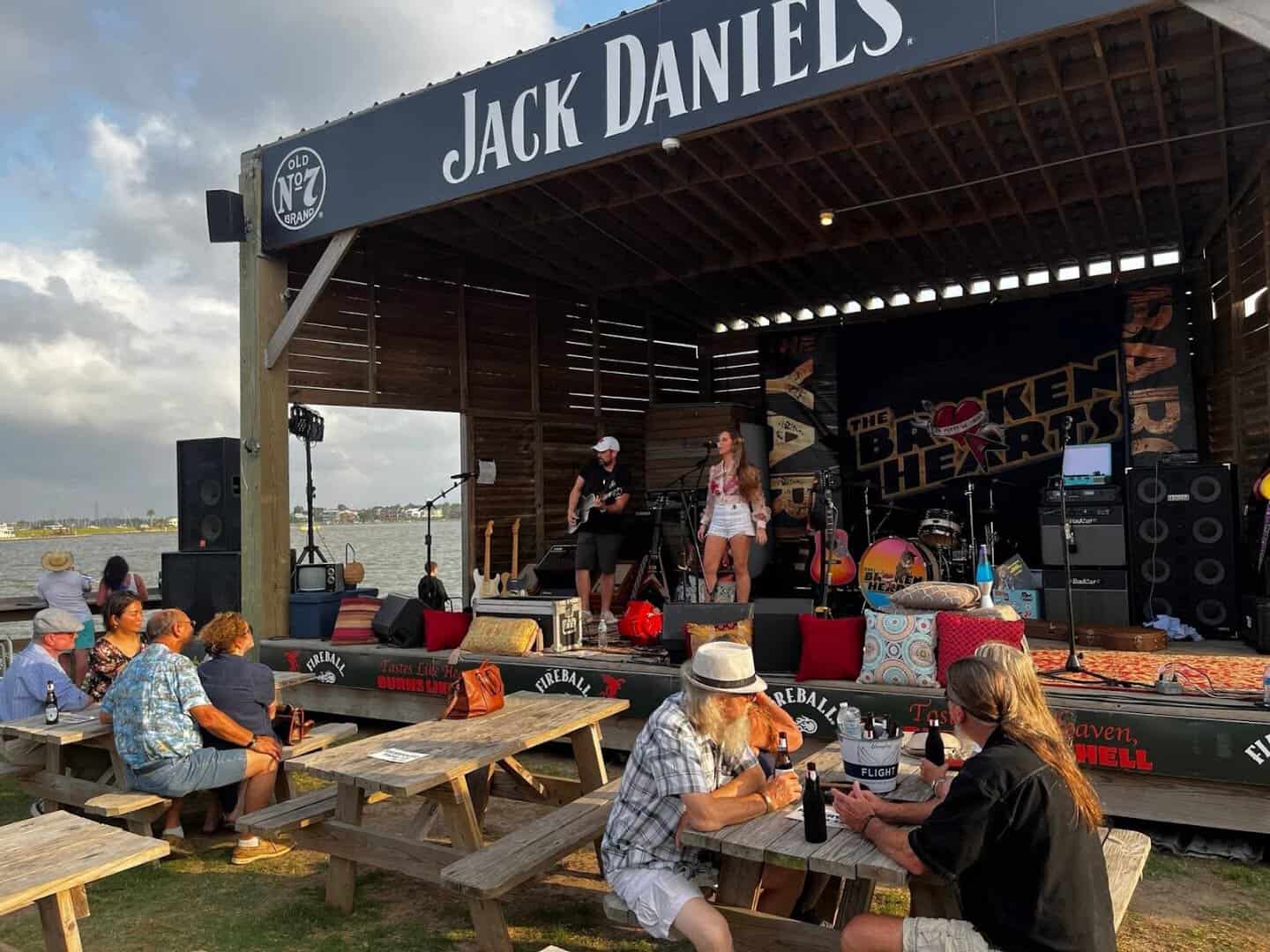Live music on stage at The Yard concert venue at Barge 295 in Seabrook, Texas