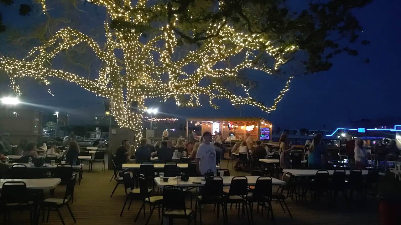String lights over The Yard outdoor venue at Barge 295 in Seabrook, Texas