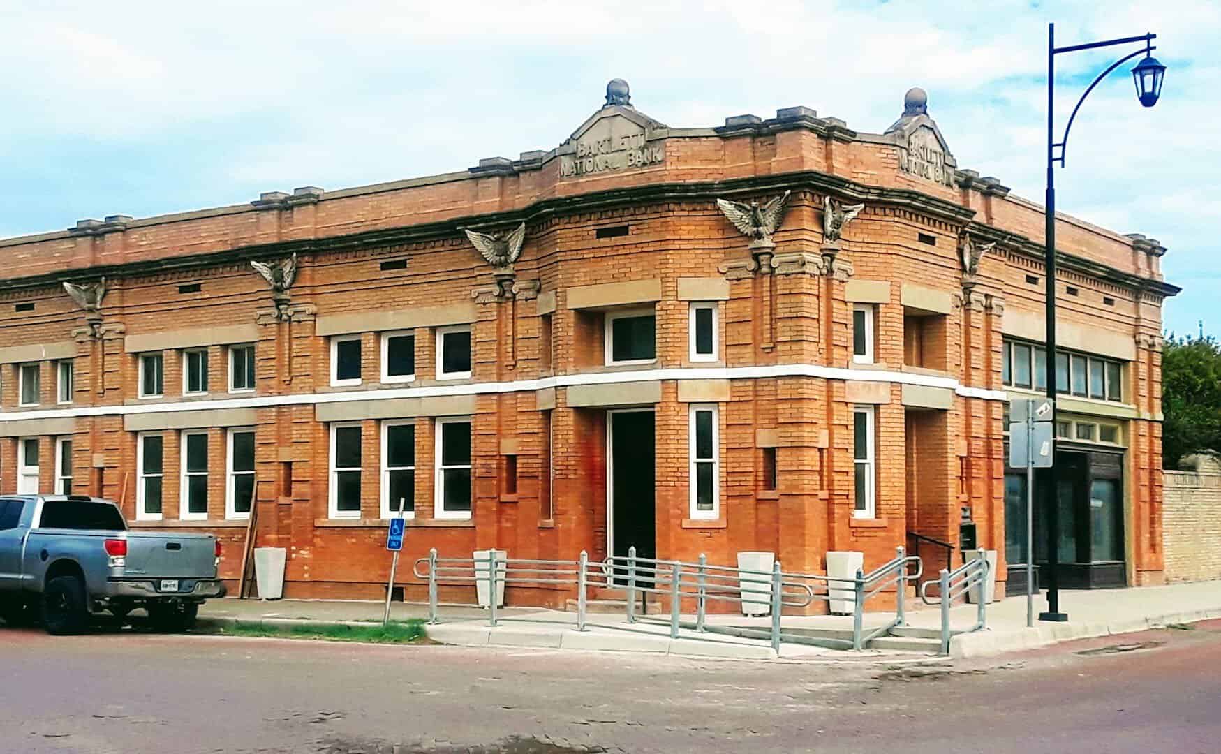 The 1904 Bartlett National Bank building at the corner of Clark and Evie streets in Bartlett Texas