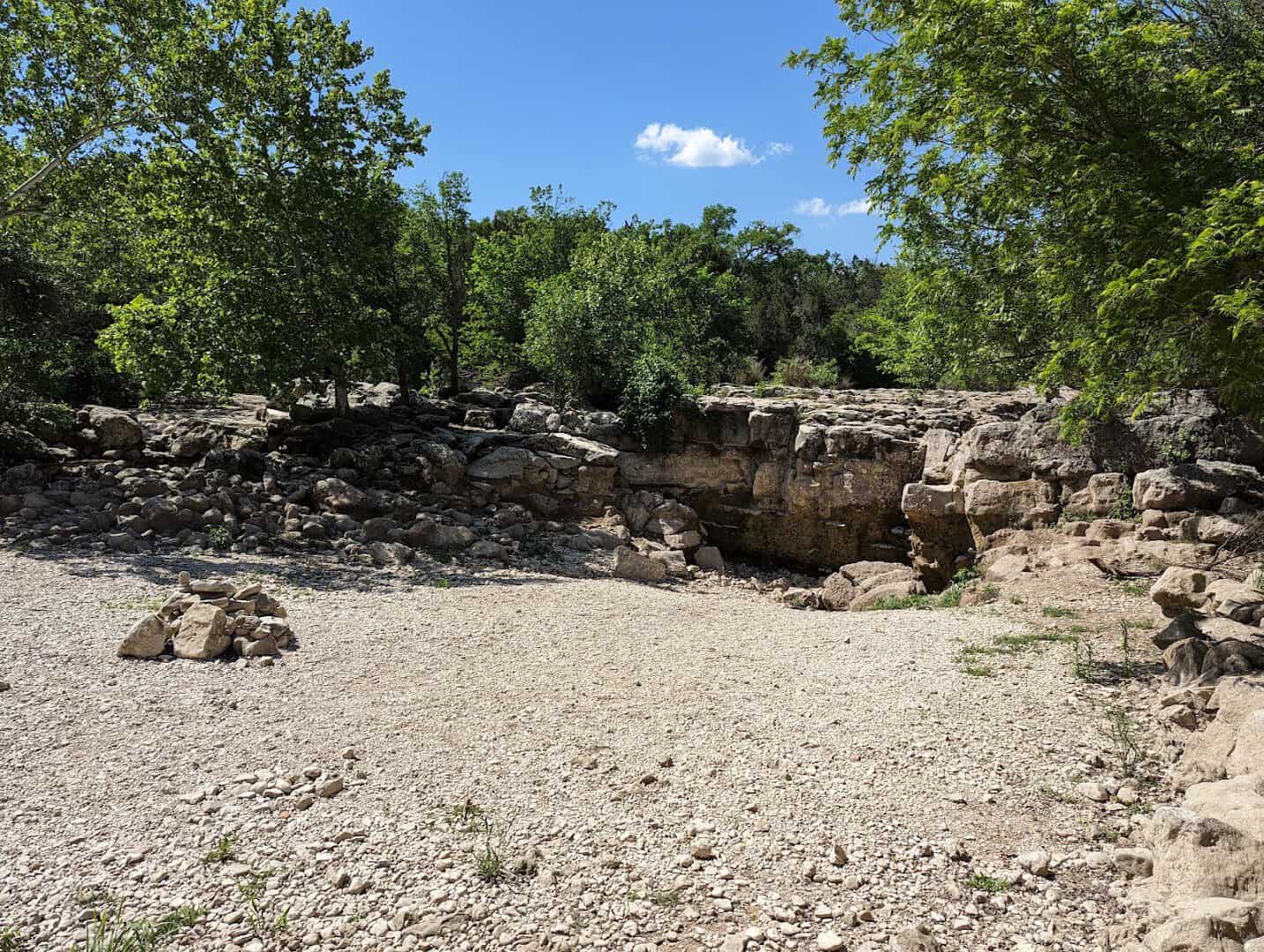 Rocky Barton Creek running below a limestone bluff in the Austin greenbelt