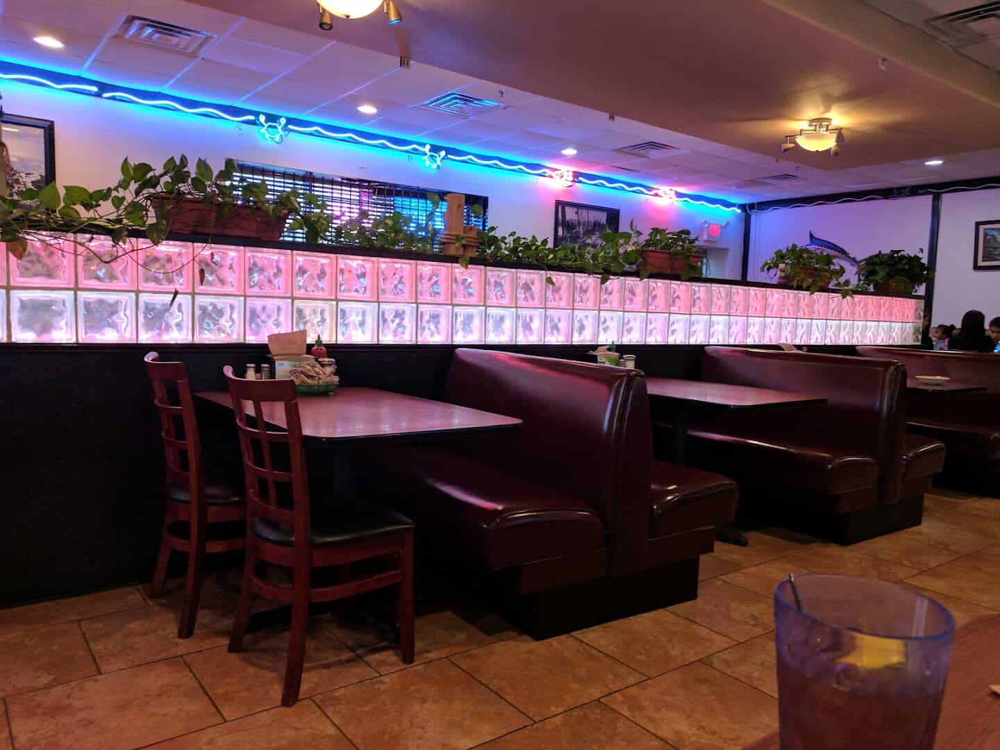 Dining room booths at Baytown Seafood in Baytown, Texas