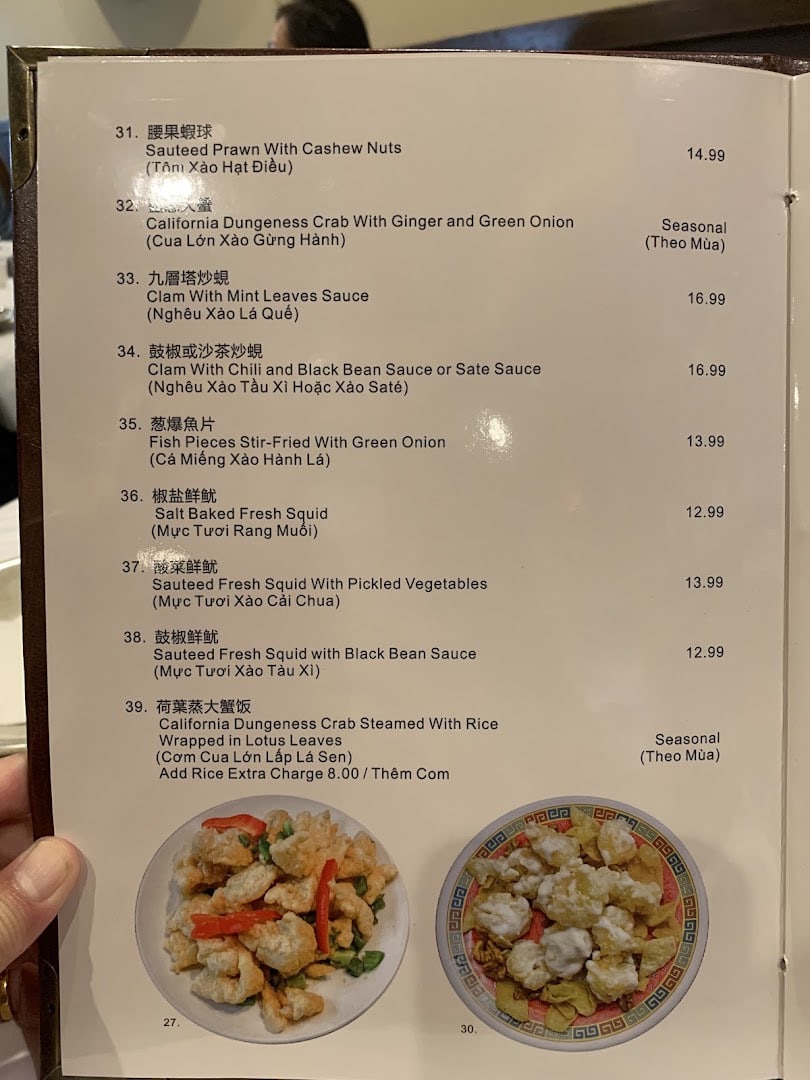 Printed menu at Baytown Seafood in Baytown, Texas