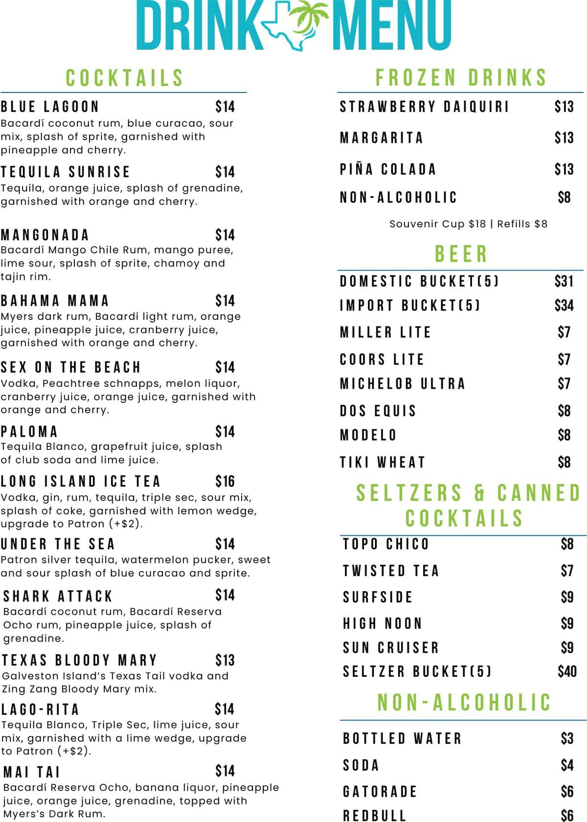 Drink menu at the Lagoonfest Texas beach club