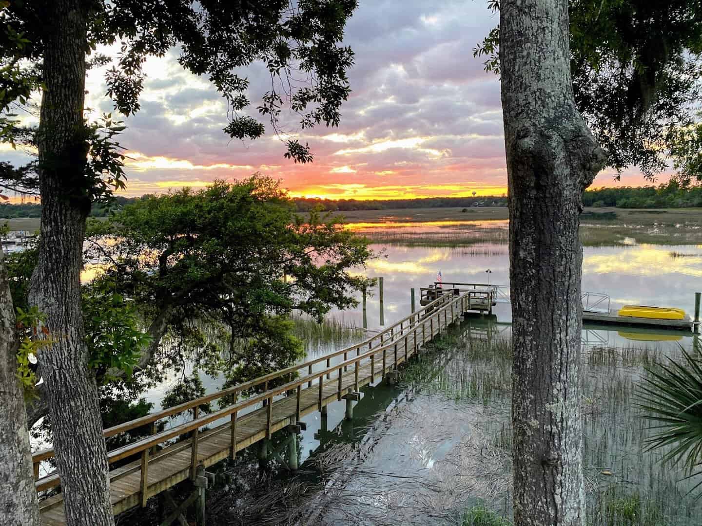 Marsh dock at sunset on the Lowcountry waterfront in Beaufort, South Carolina