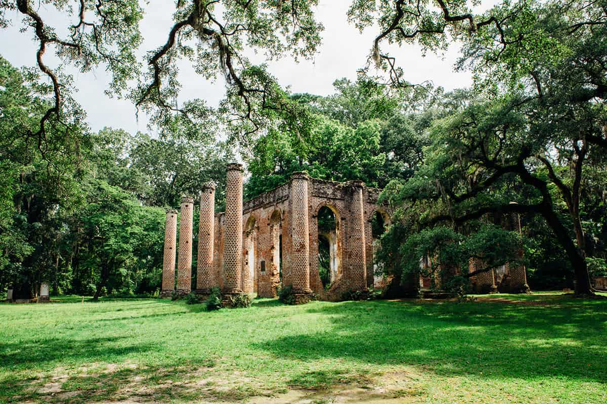 Spanish moss draping live oaks over historic ruins near Beaufort, South Carolina
