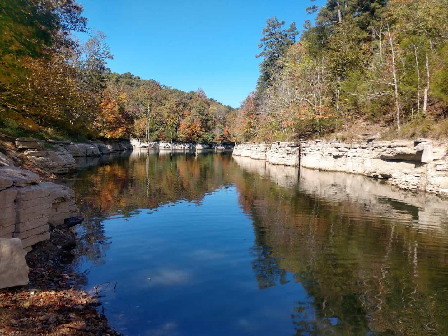Autumn foliage on a bluff cove at Beaver Lake, Arkansas