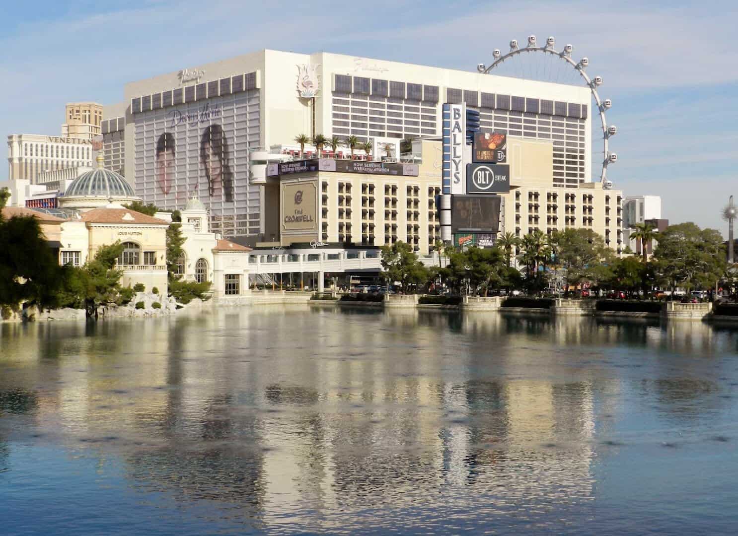 The Bellagio and the Strip skyline reflected in the fountain lake in Las Vegas, Nevada