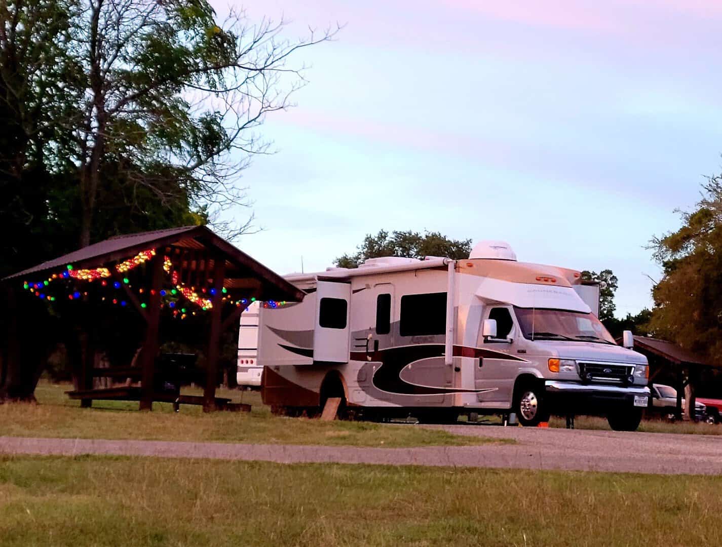 RV campsite near the shore of Belton Lake at dusk