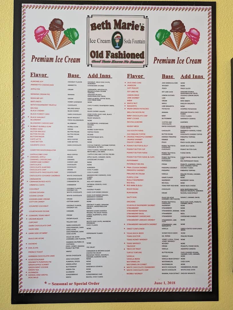 Flavor board listing dozens of ice cream flavors at Beth Marie's in Denton