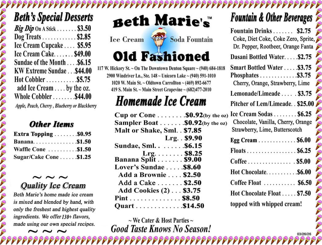 Beth Marie's Old Fashioned soda fountain menu of sundaes, floats, malts and shakes