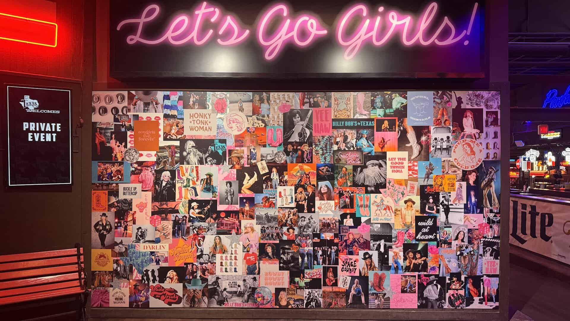 Let's Go Girls neon sign inside Billy Bob's Texas honky-tonk in Fort Worth
