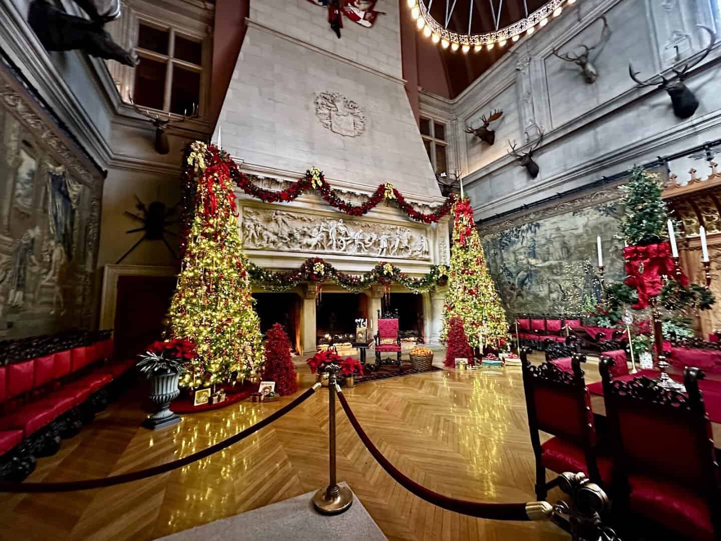 Decorated Christmas tree and garlands inside the Biltmore Estate at the holidays, Asheville, North Carolina