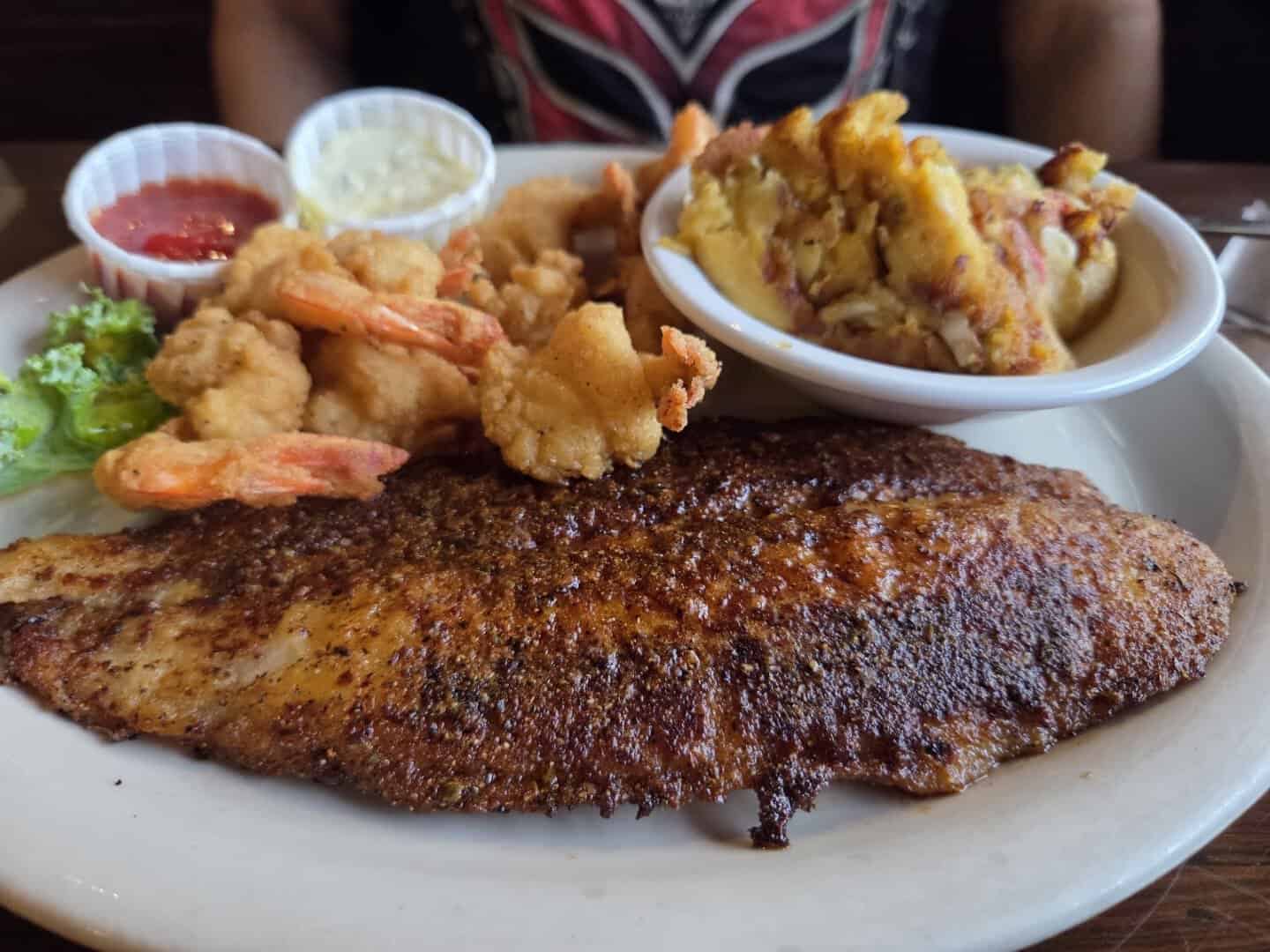 Blackened fish and shrimp platter at Miller's Seawall Grill in Galveston, Texas