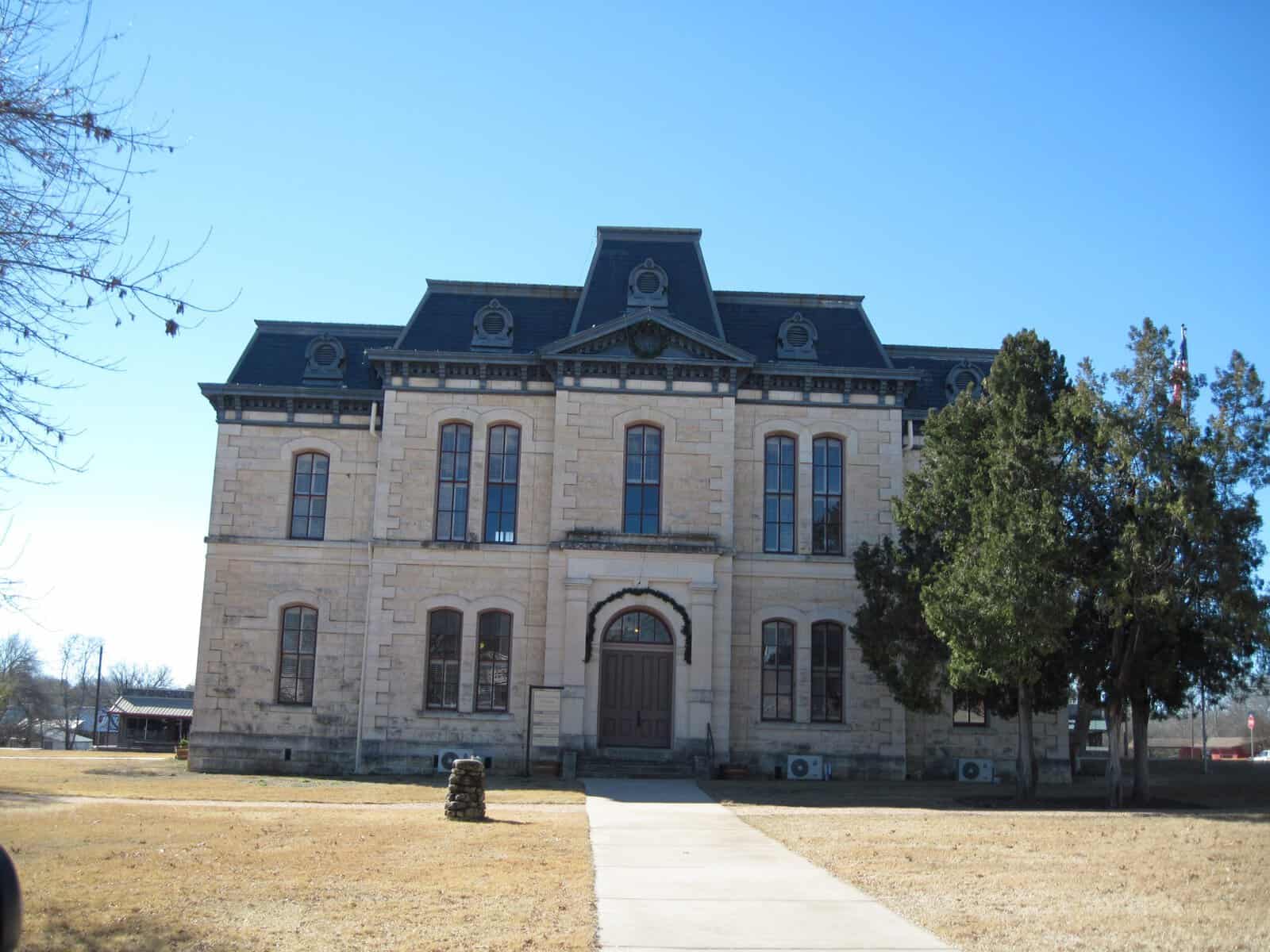 The 1885 limestone Blanco County Courthouse in Blanco, Texas