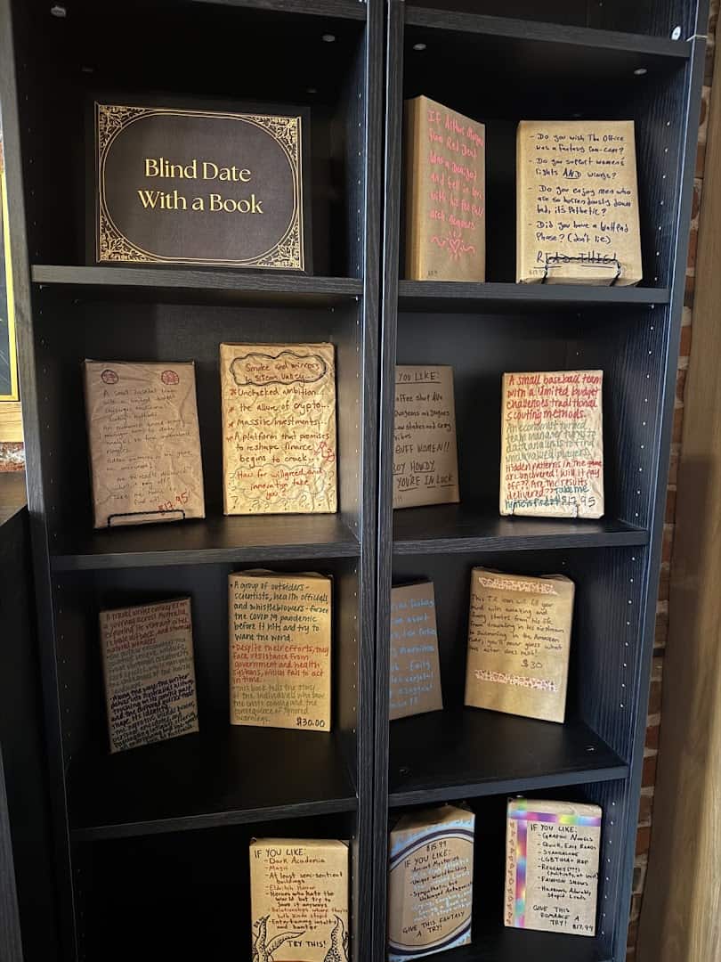 Blind Date With a Book display of paper-wrapped books at The Painted Porch Bookshop in Bastrop, Texas