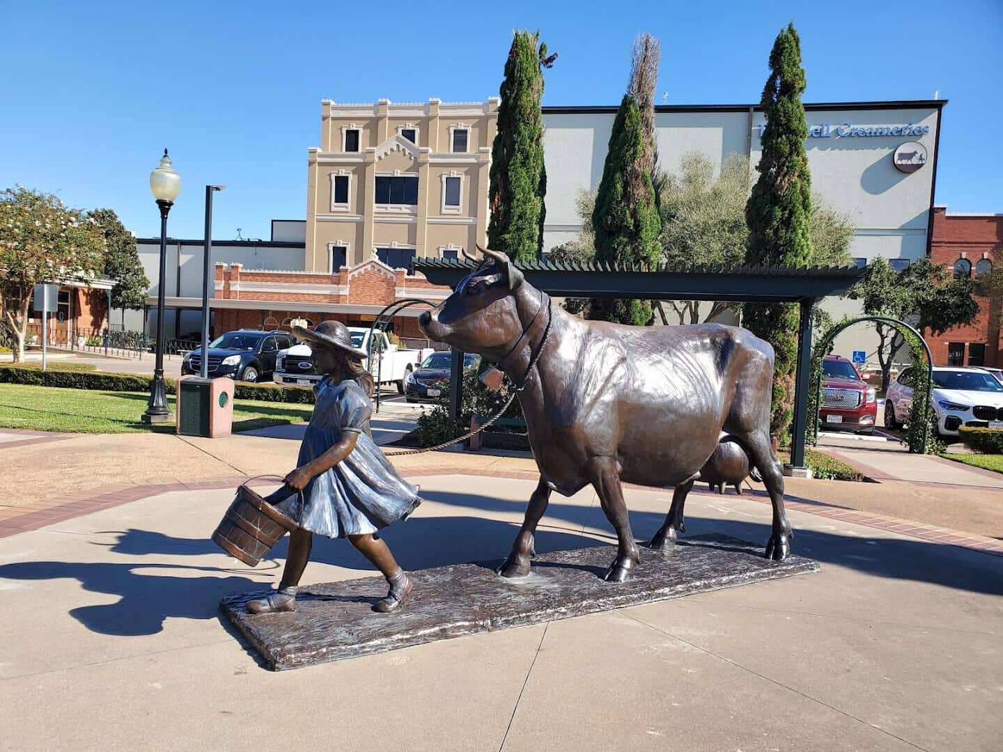 The bronze girl-and-cow statue, the Blue Bell logo, at the Brenham creamery