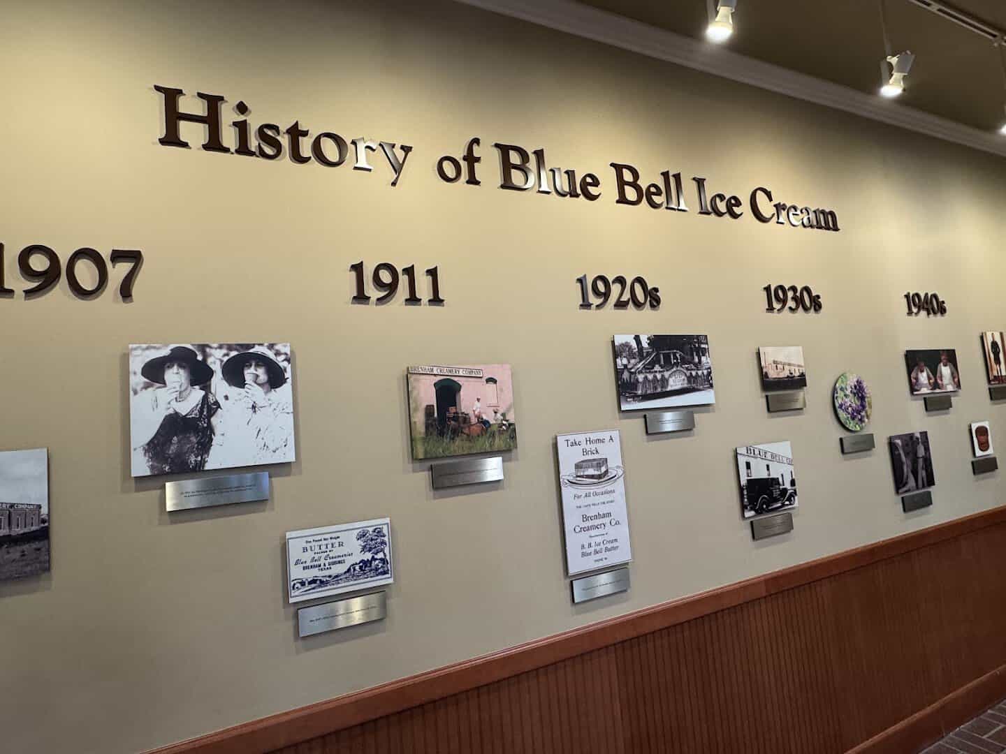 A history timeline of Blue Bell Ice Cream on display at the Brenham creamery