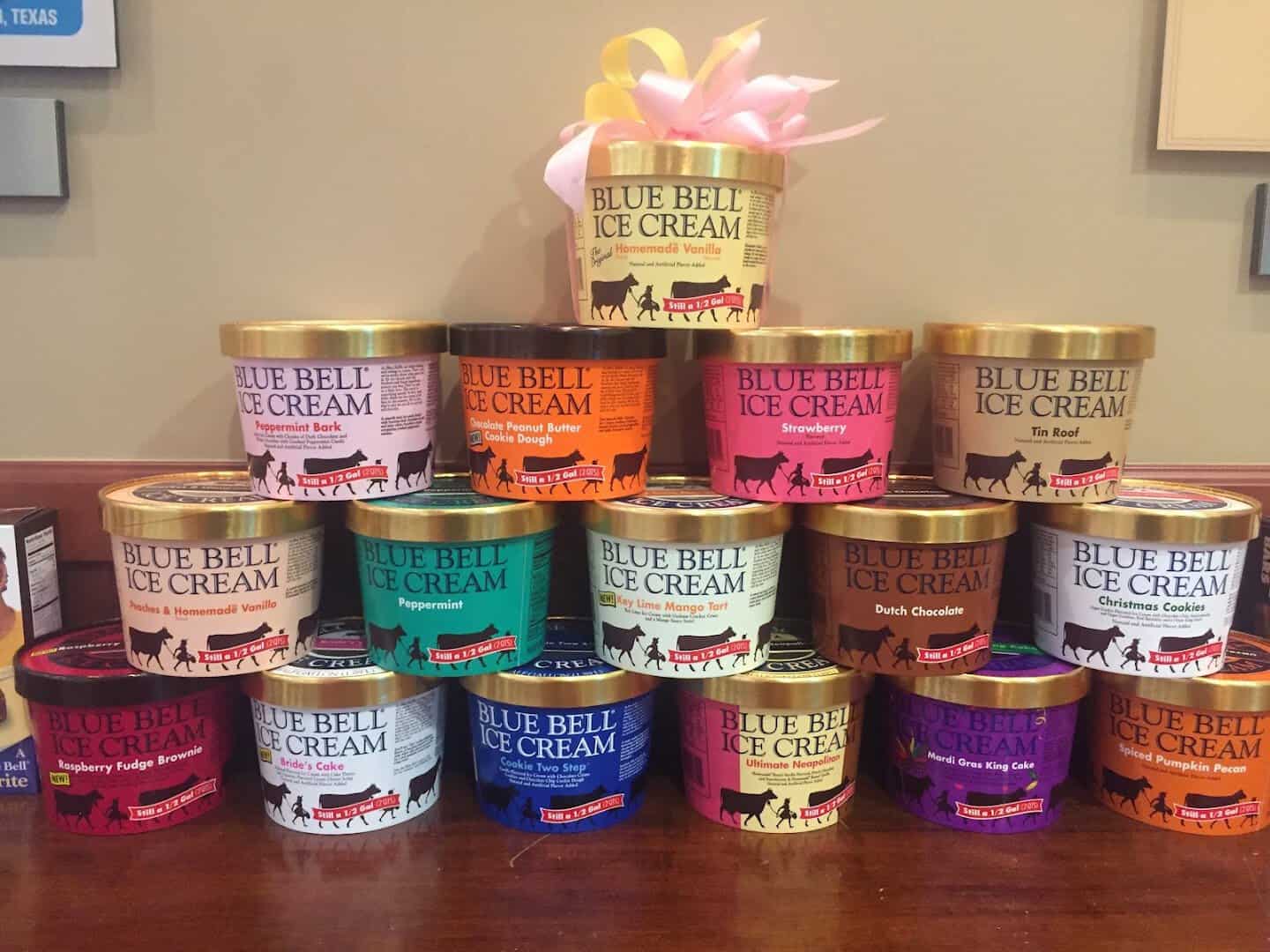 Cups of Blue Bell ice cream in several flavors at the Brenham creamery