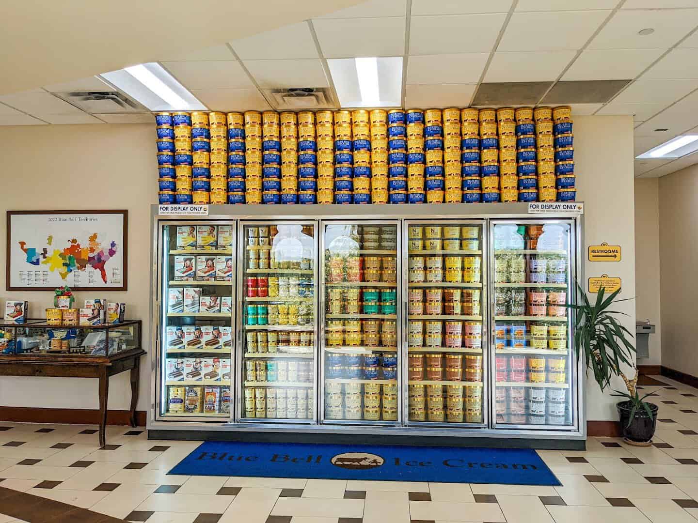 A wall of Blue Bell ice cream flavors on display at the Brenham creamery