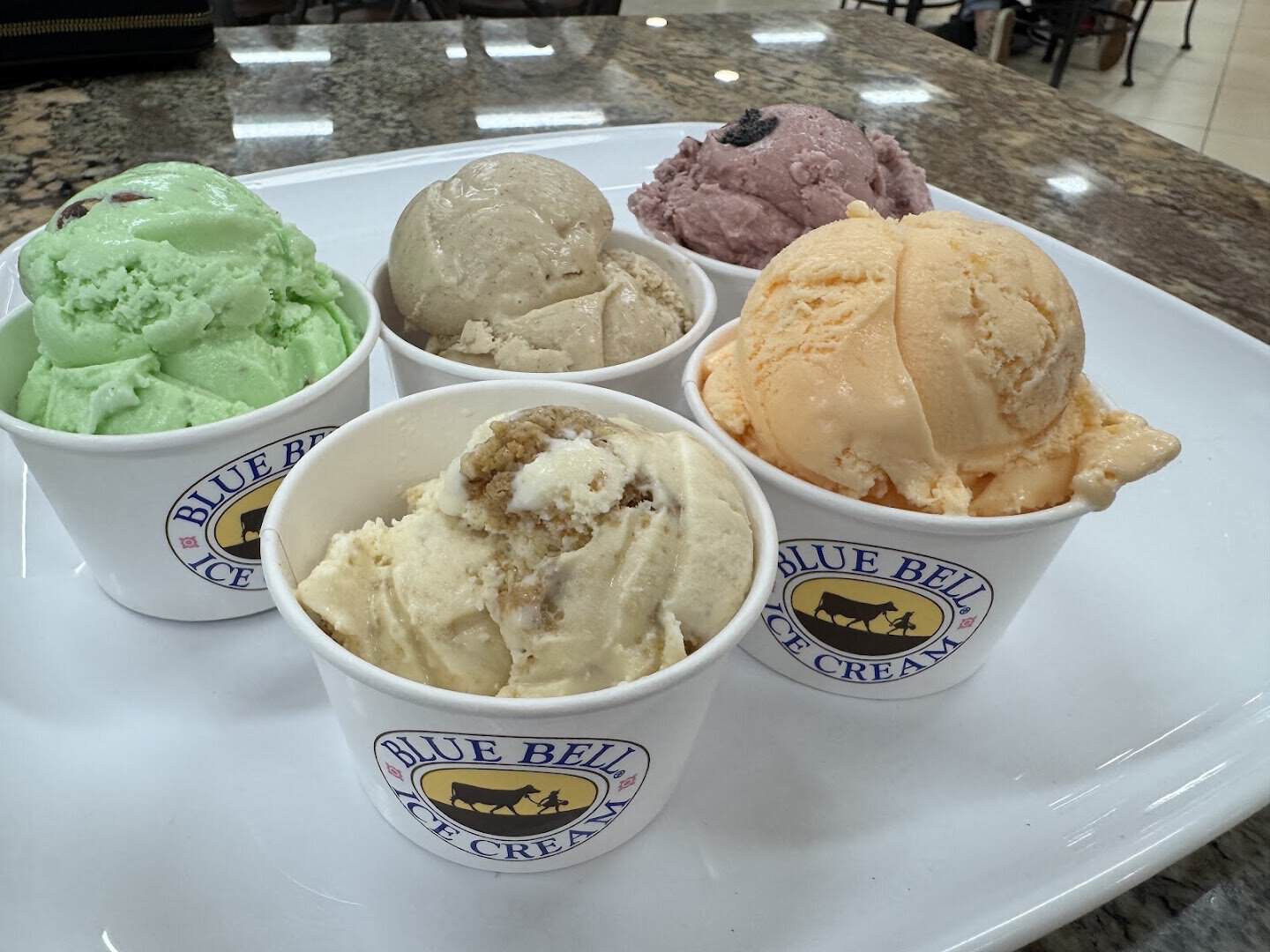 Tray of Blue Bell ice cream scoops at the creamery in Brenham, Texas