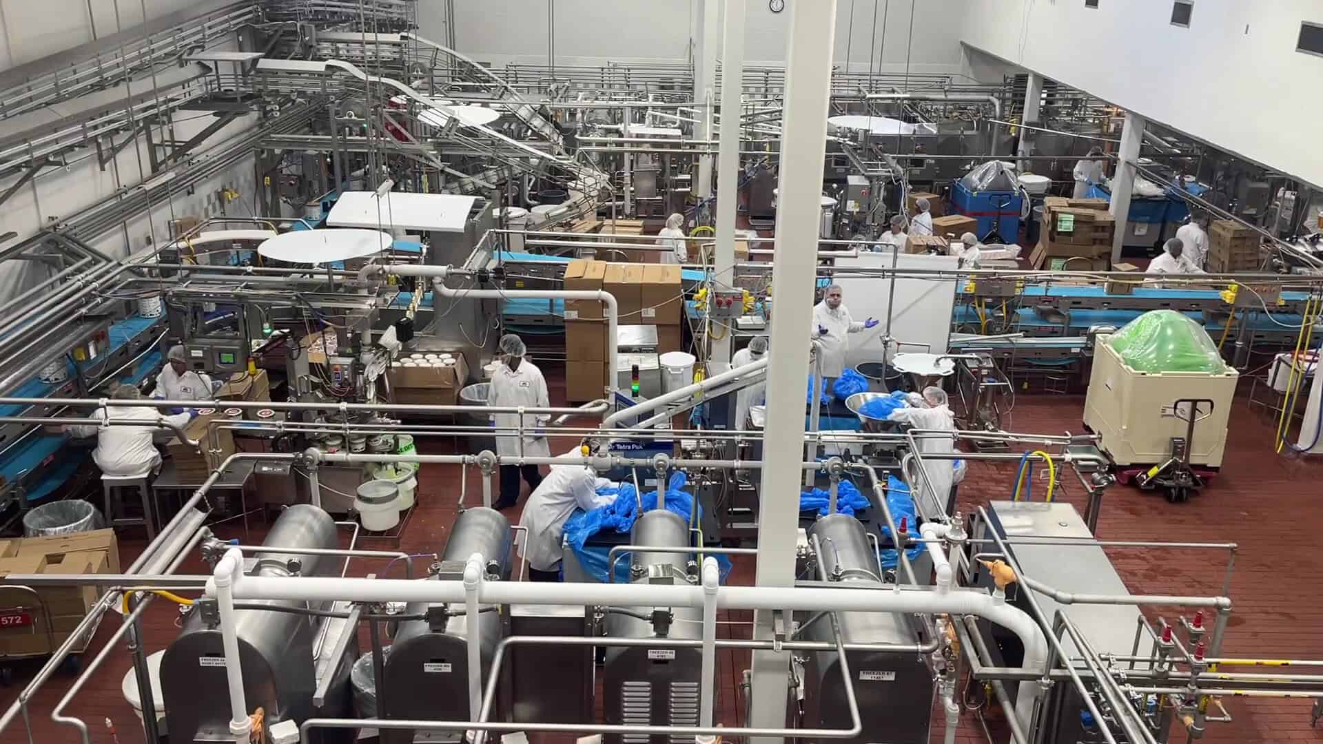 Ice cream production line seen from the observation deck at Blue Bell Creameries in Brenham, Texas