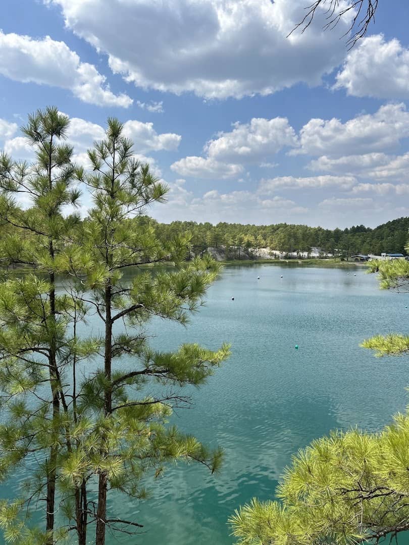 The vivid blue spring-fed quarry water framed by pine trees at the Blue Lagoon in Huntsville, Texas