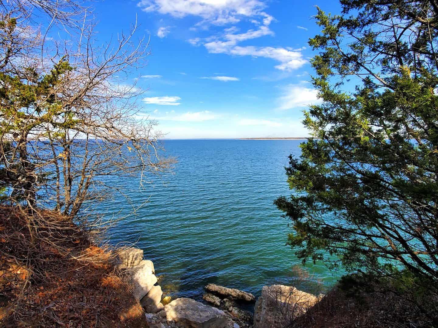 Caribbean-blue water in a cove at Eisenhower State Park on Lake Texoma