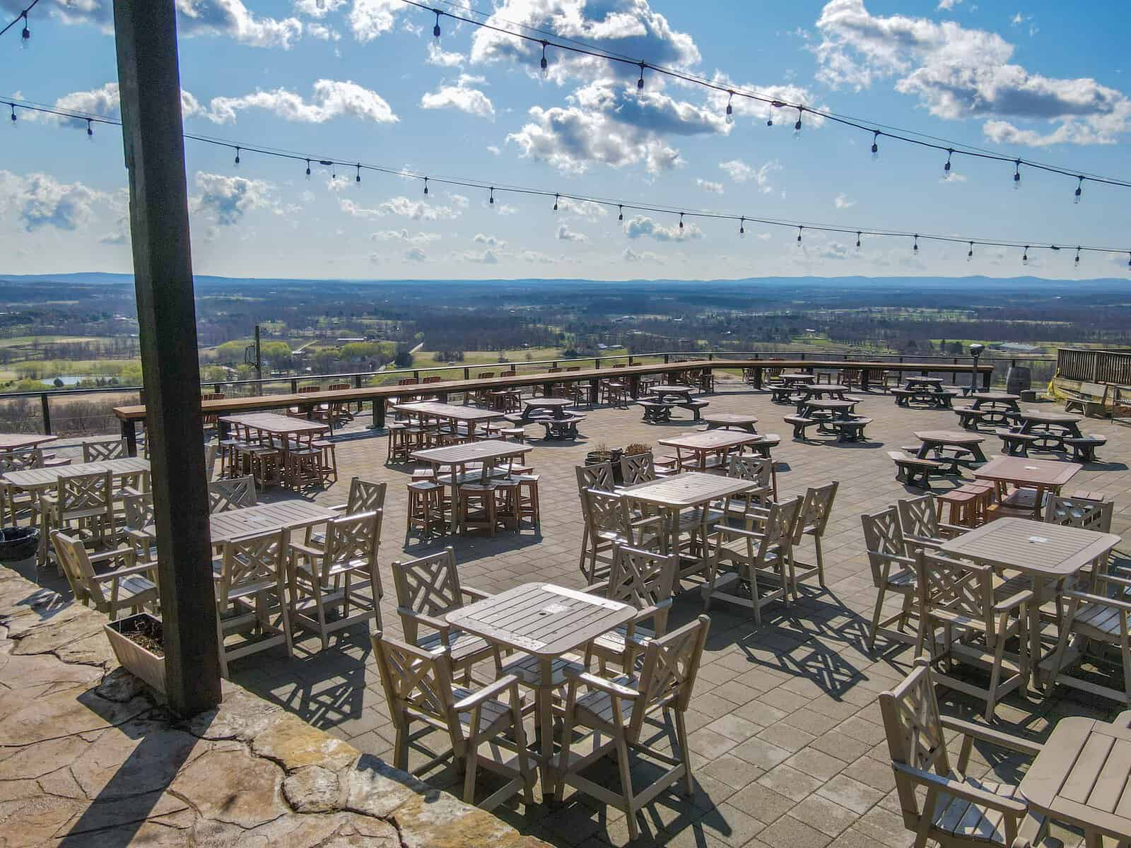 Terrace overlooking the Loudoun Valley from the Blue Ridge at Bluemont Vineyard in Bluemont, Virginia