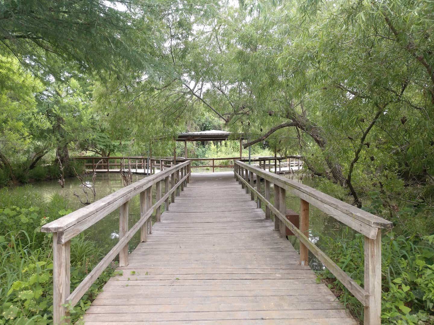 Wooden boardwalk over the water at Edinburg Scenic Wetlands in Edinburg, Texas