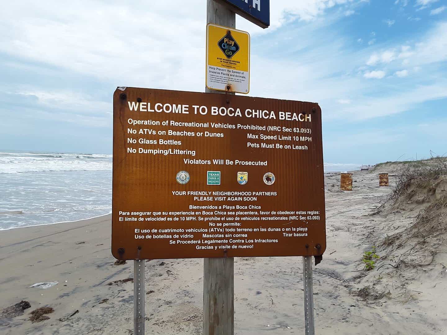 Welcome to Boca Chica Beach sign at the dune entrance, Texas
