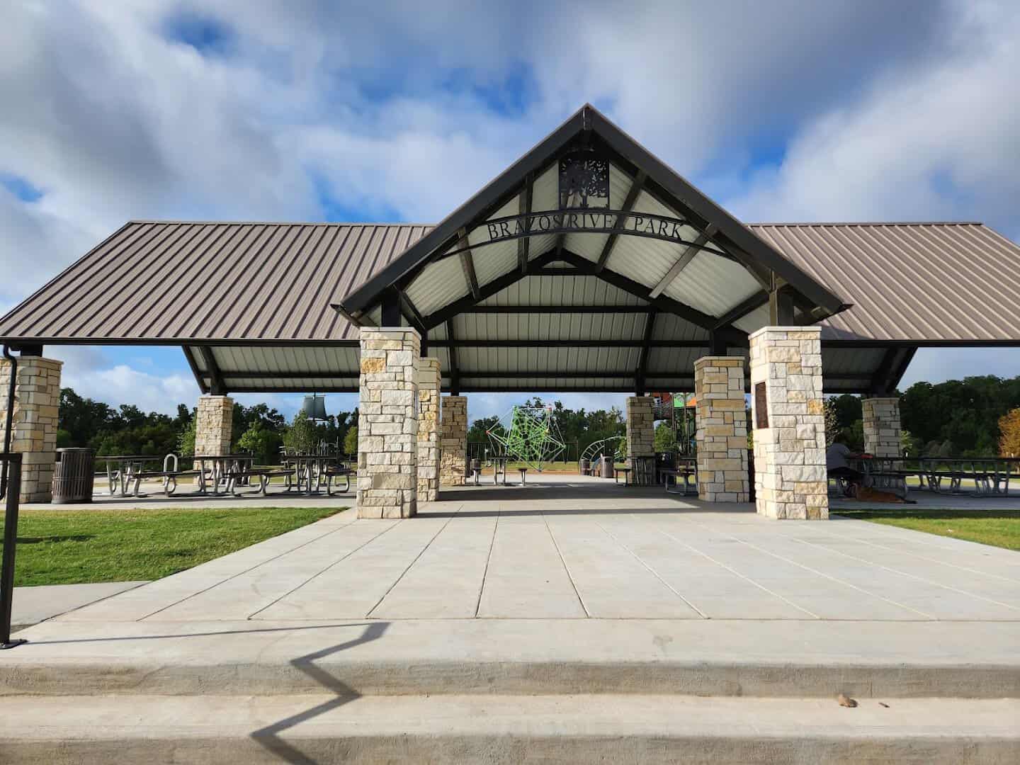 The Brazos River Park pavilion and entrance in Sugar Land, Texas