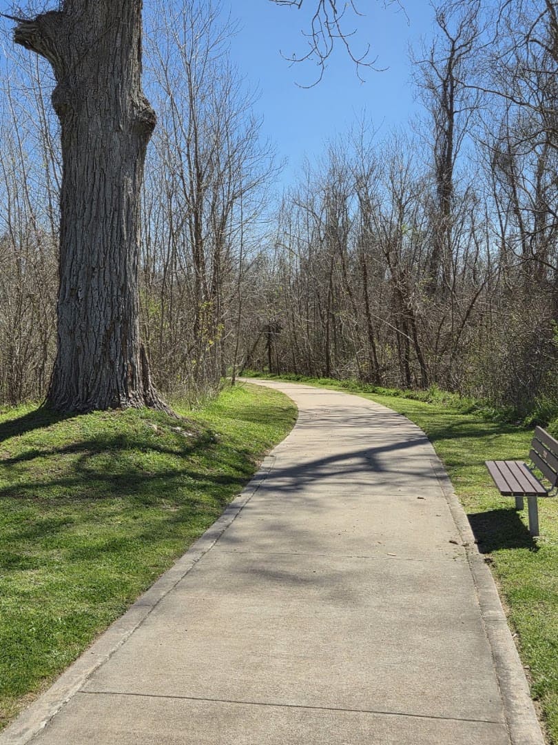 Shaded paved trail with a bench at Brazos River Park in Sugar Land, Texas