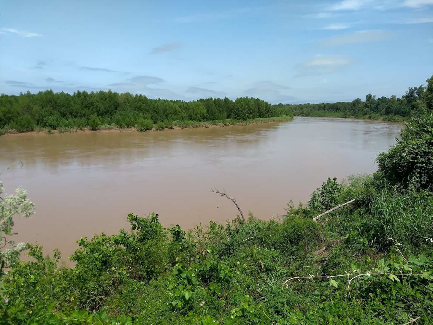 The Brazos River flowing past wooded banks at Brazos River Park in Sugar Land, Texas