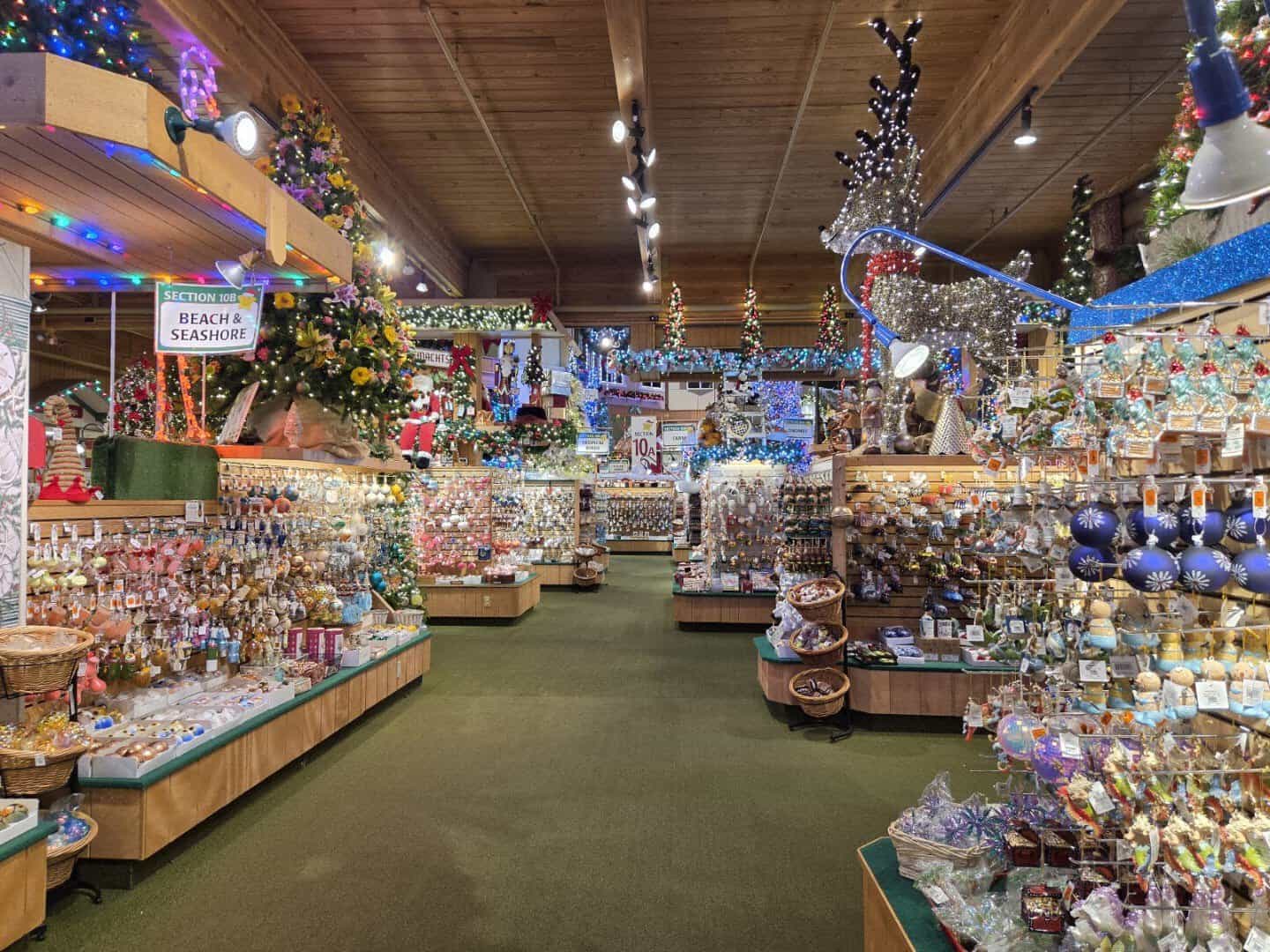 Aisles of Christmas trees and ornaments inside Bronner's Christmas Wonderland, Frankenmuth, Michigan