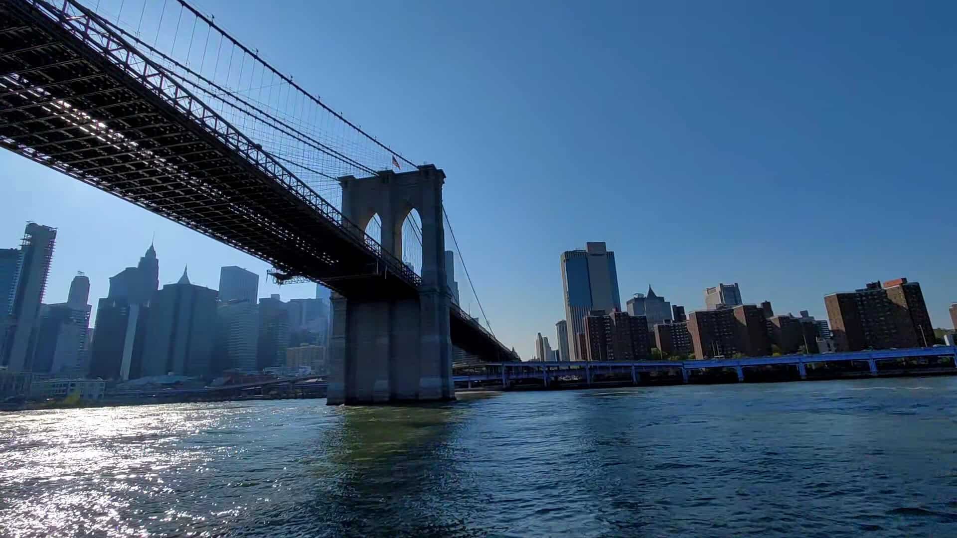 The Brooklyn Bridge and Lower Manhattan skyline in New York City, New York