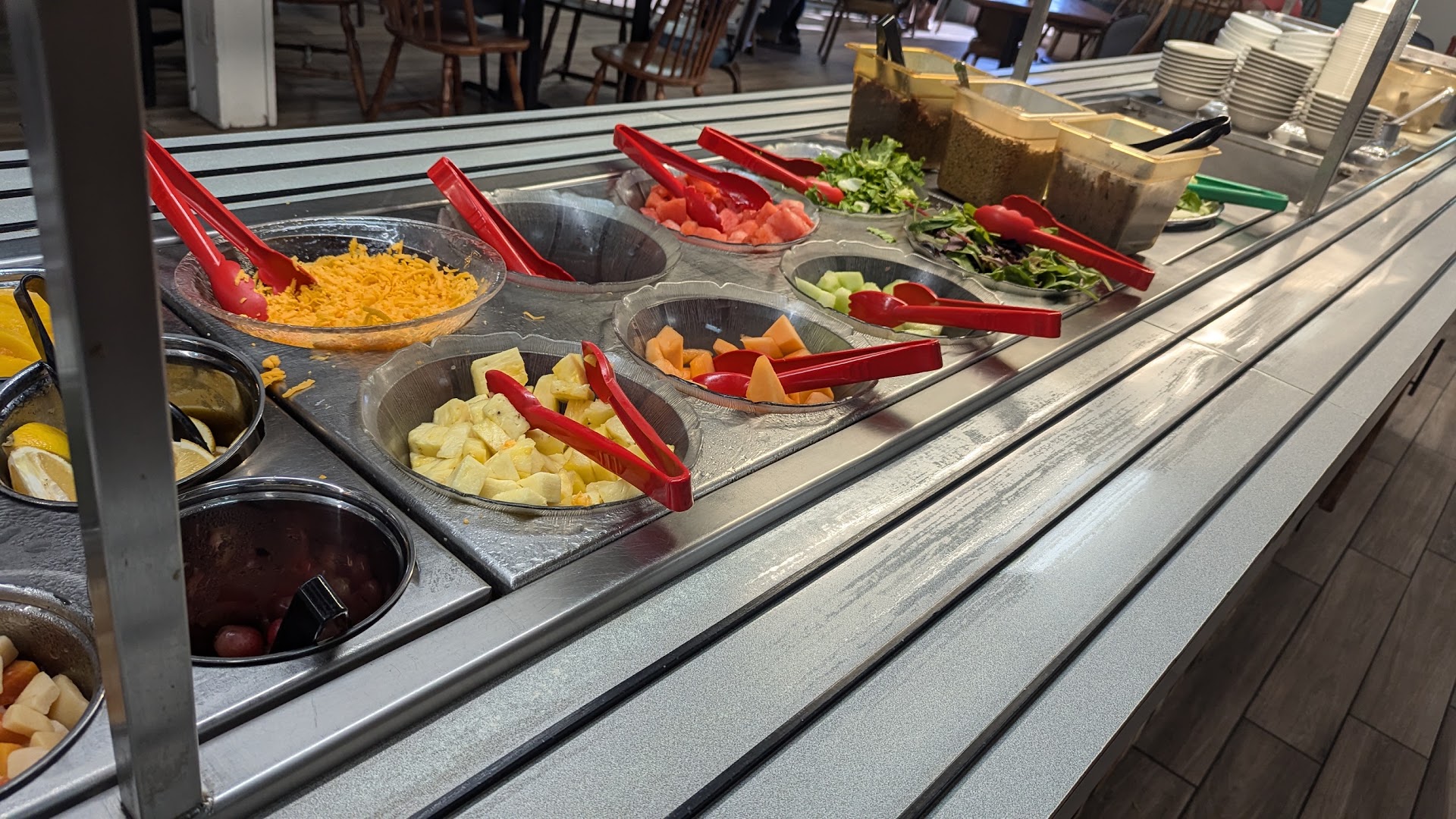 Hot vegetables and country sides on the buffet line at Sam's Original Restaurant in Fairfield, Texas