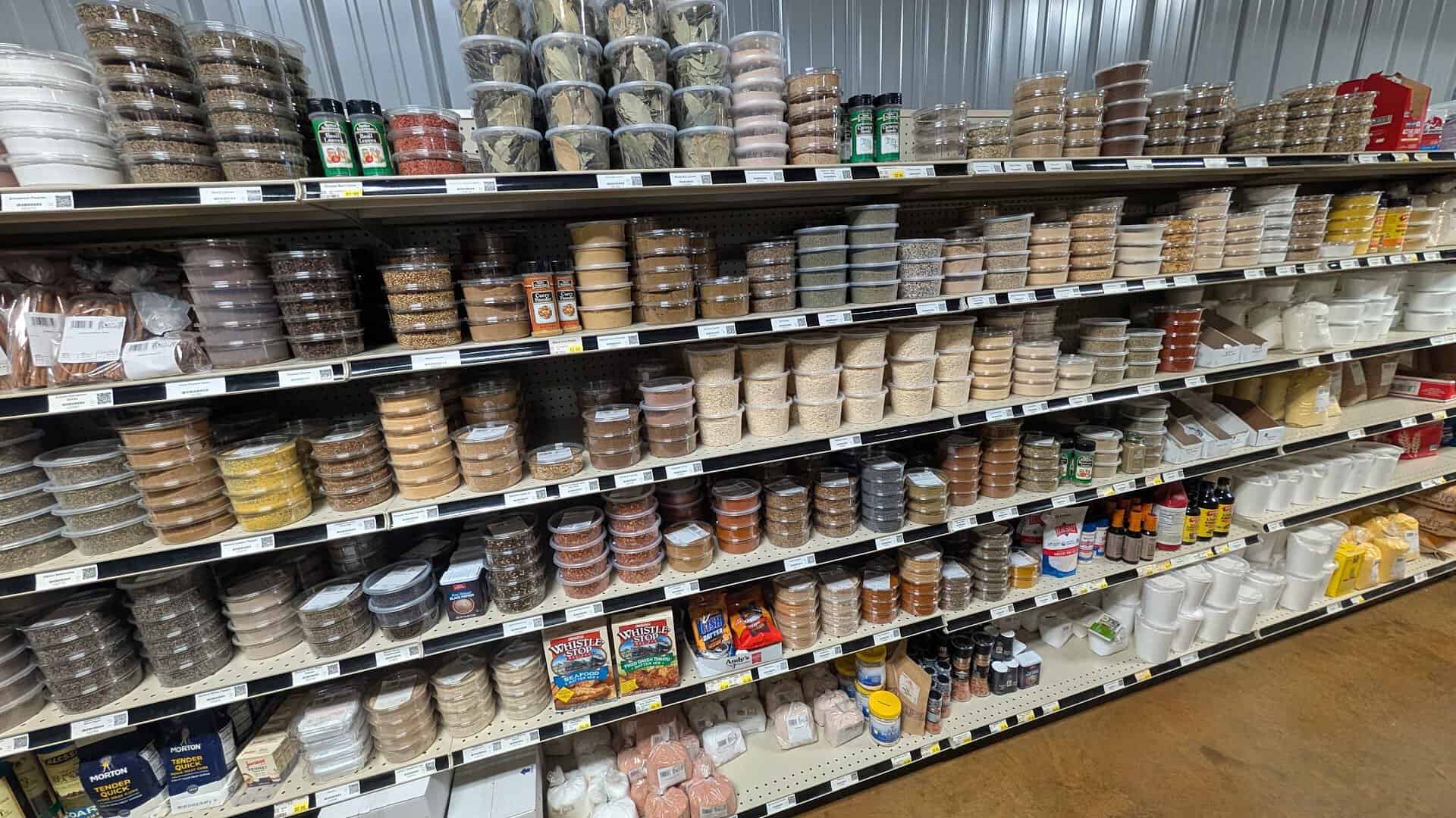 Shelves packed with bulk foods and homemade goods at Olde Towne Country Store in Itasca, Texas