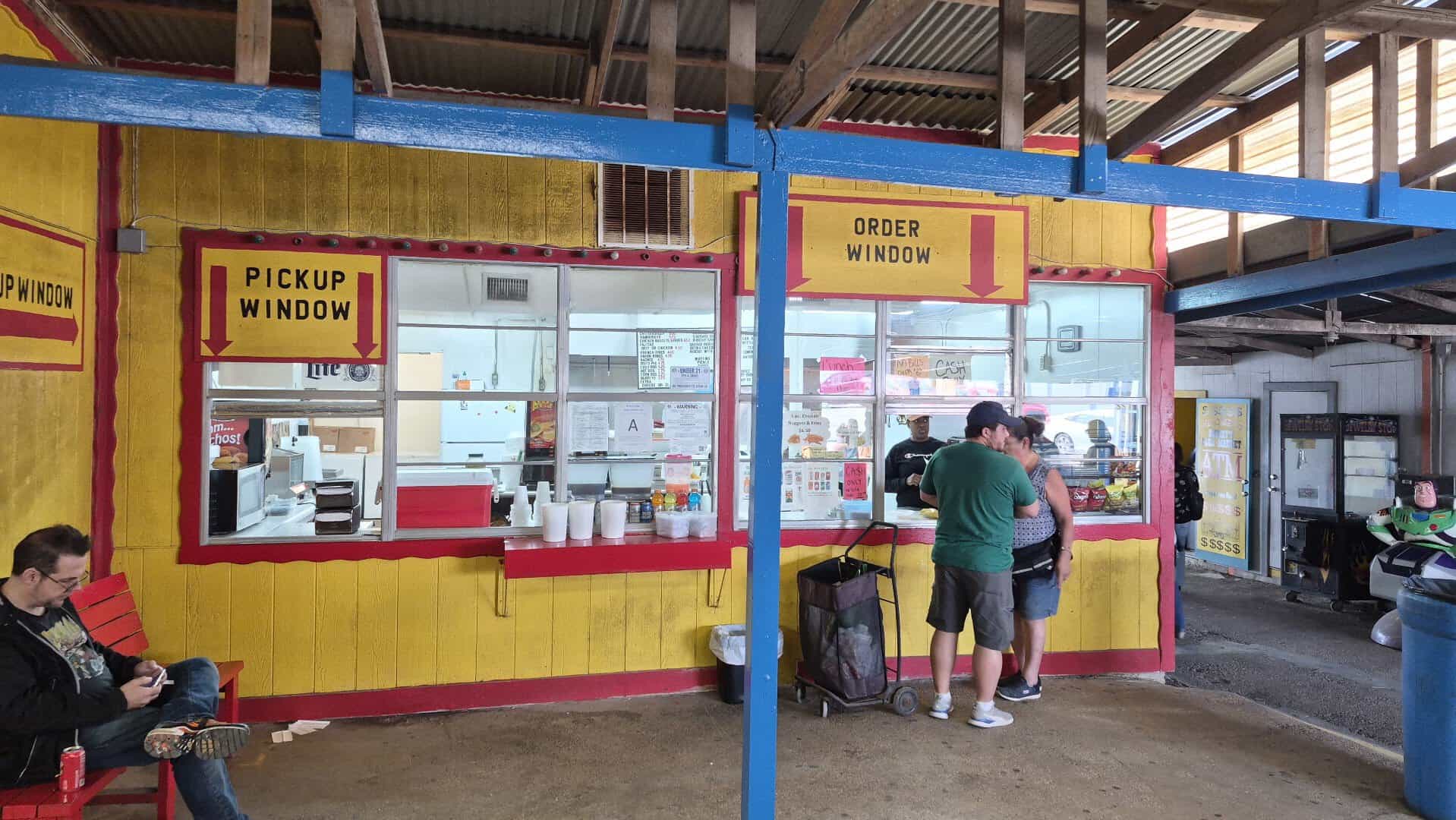 Concession stand order and pickup windows at Bussey's Flea Market in Schertz, Texas