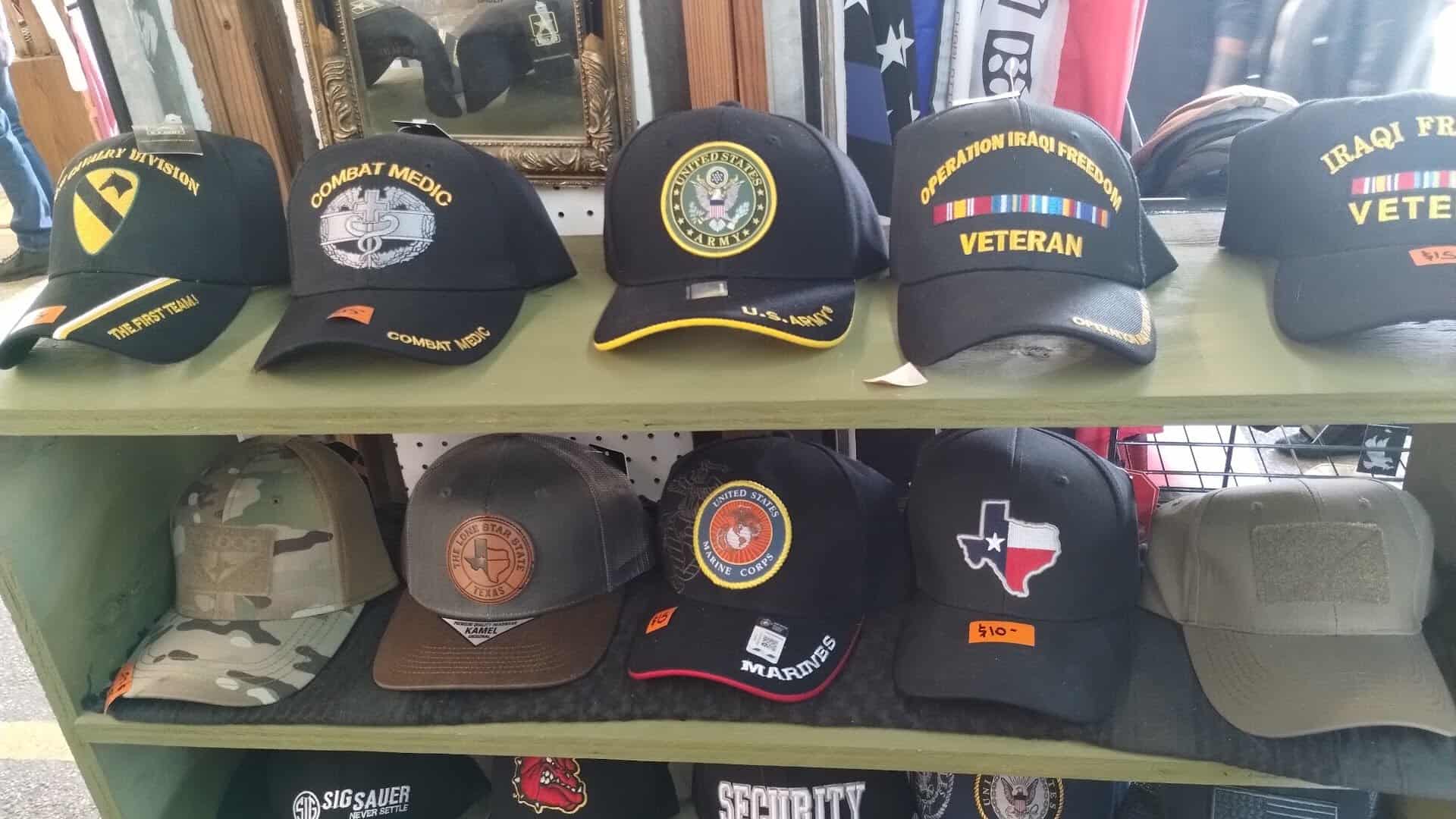 Display of caps and hats at Bussey's Flea Market in Schertz, Texas
