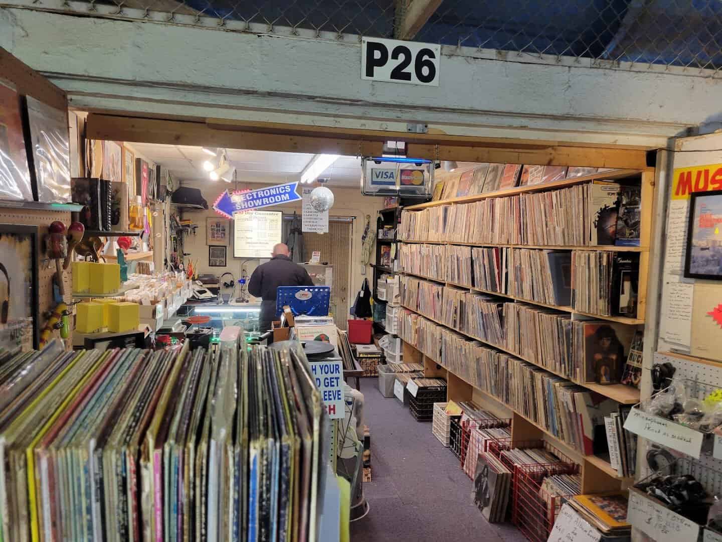 Crates of vinyl records for sale at Bussey's Flea Market in Schertz, Texas