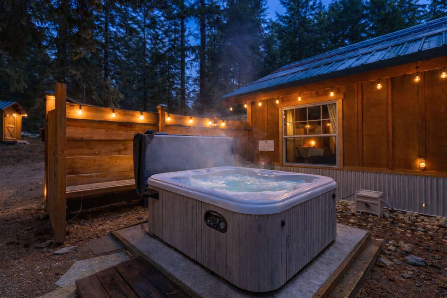 A wood cabin with a steaming hot tub and string lights at dusk at NW Comfy Cabins, Leavenworth, Washington
