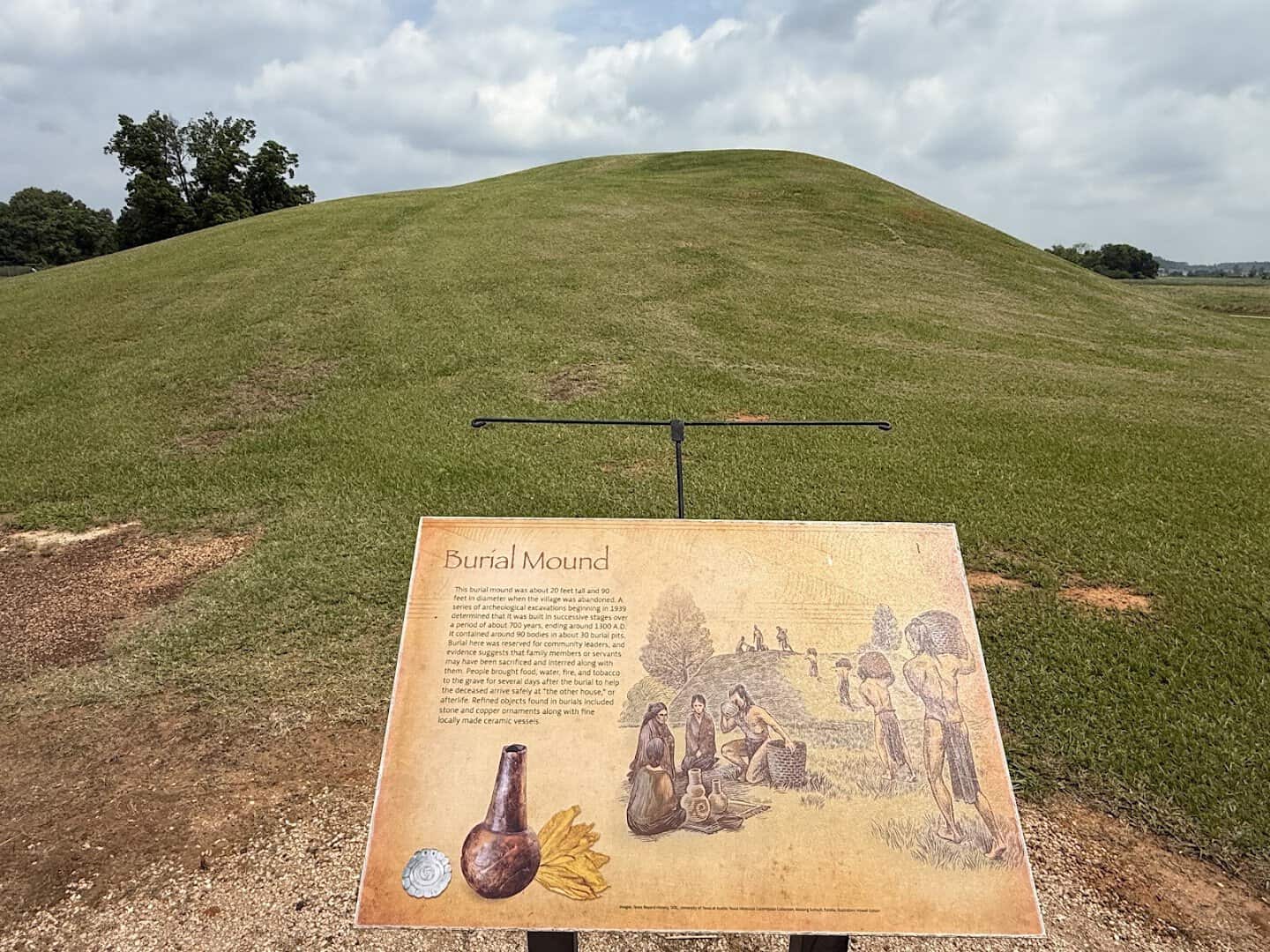 Burial Mound interpretive sign in front of the mound at Caddo Mounds State Historic Site