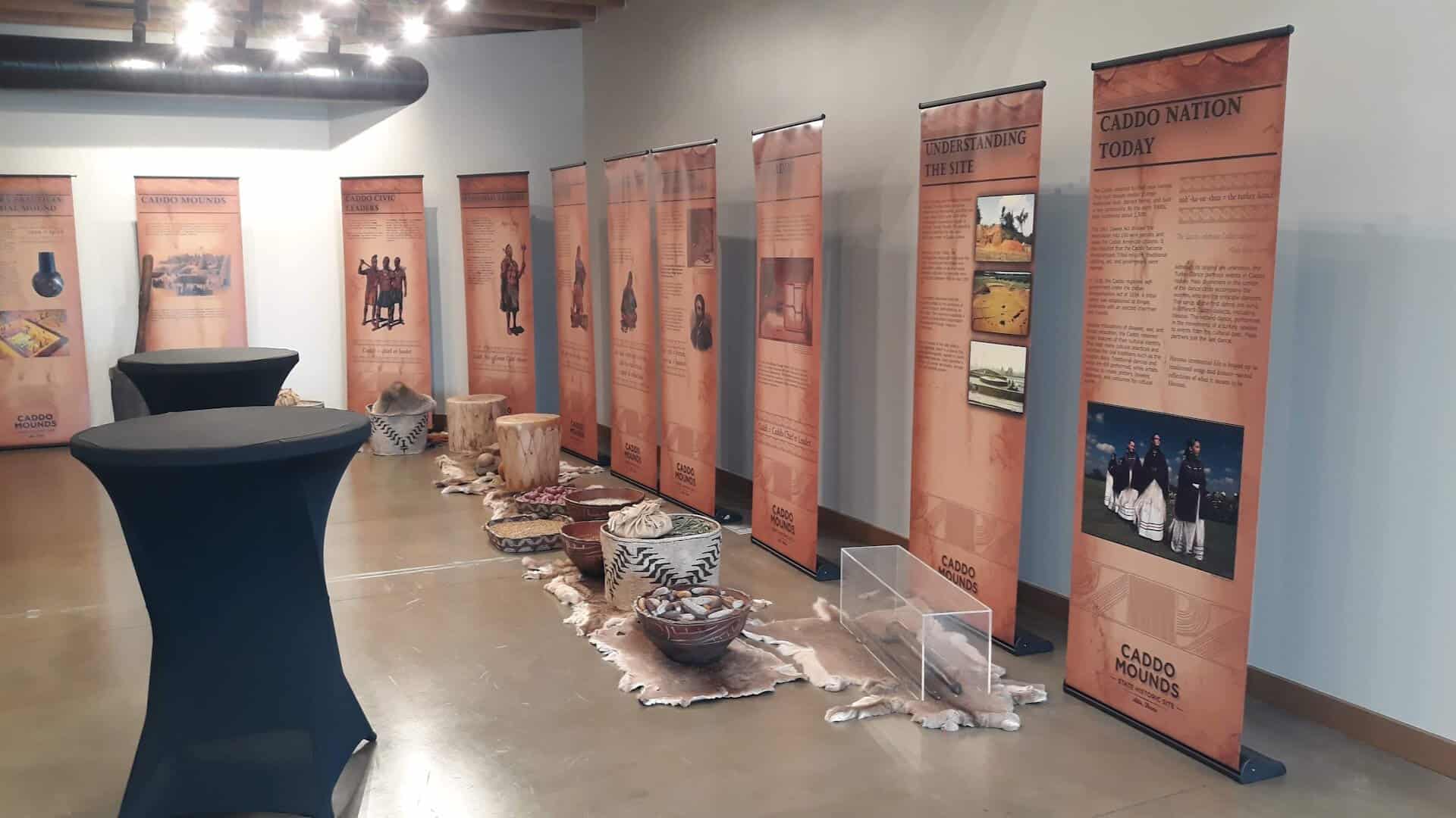 Exhibit panels and artifacts inside the Caddo Mounds State Historic Site museum