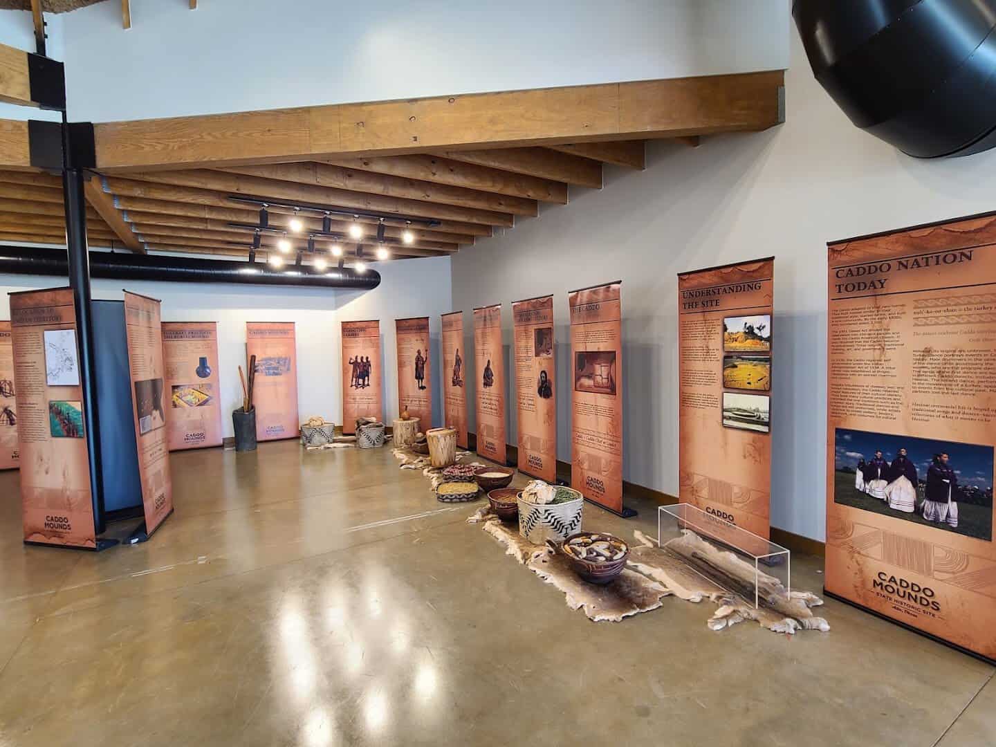 Museum hall with Caddo Nation Today exhibit at Caddo Mounds State Historic Site