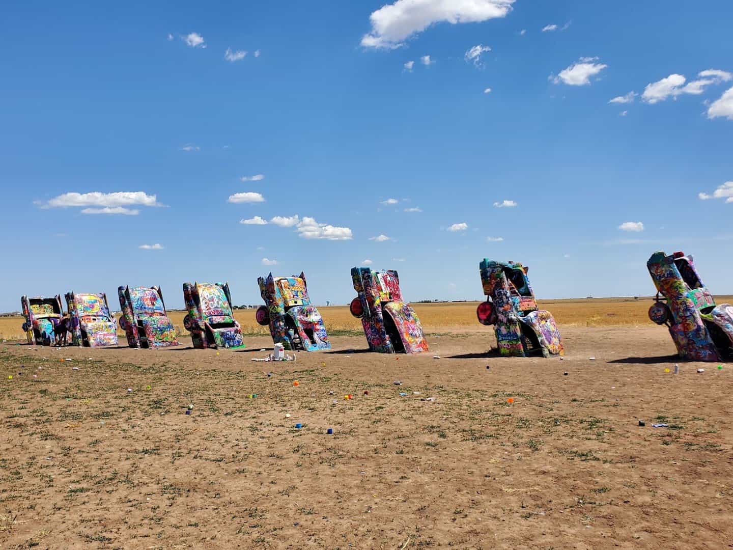 The row of buried Cadillacs at Cadillac Ranch on Route 66 in Amarillo, Texas