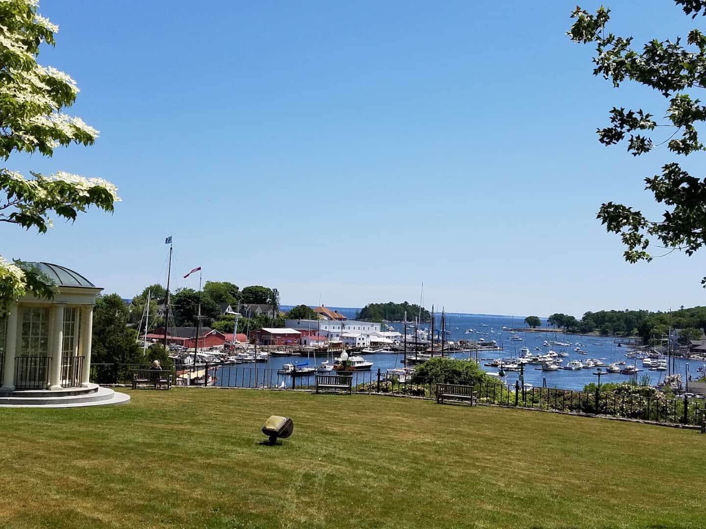 Camden Harbor and its boats seen from Harbor Park, Camden, Maine