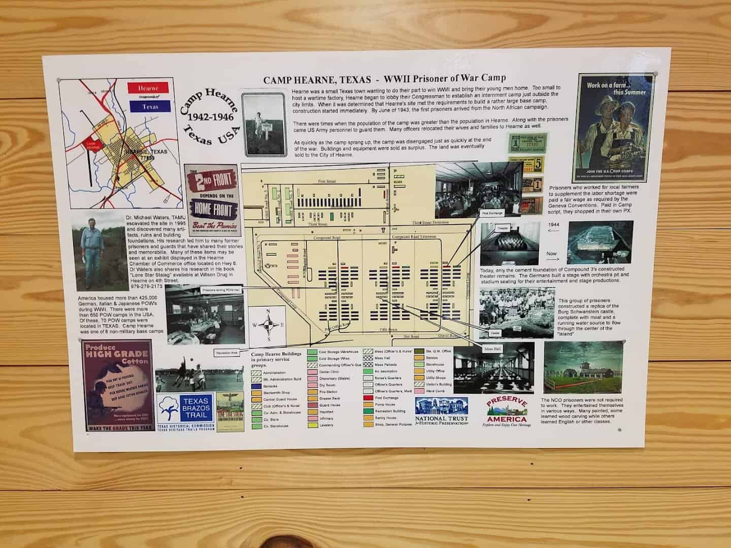 History board showing the Camp Hearne layout and wartime posters