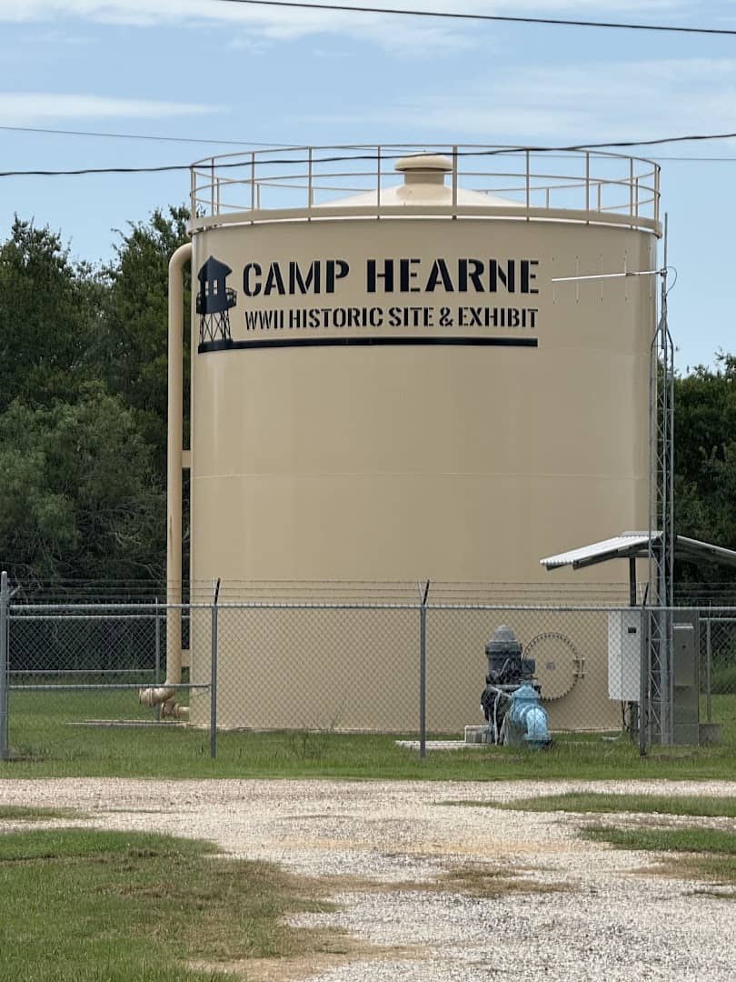 Camp Hearne water tower with the historic site name